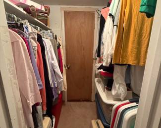 Walk-in closet with hanging clothes, storage bins, and vintage suitcases