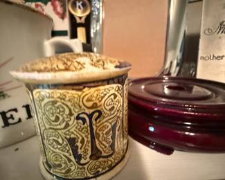 Monogram letter mug with small silver-frame mirror and coasters