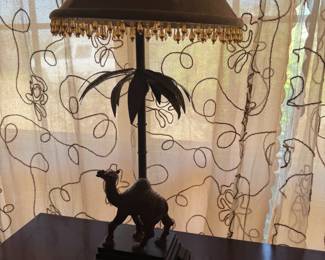 Camel and palm tree table lamp with beaded shade