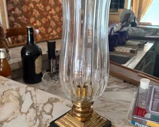 Ribbed glass hurricane lamp with brass base, no shade