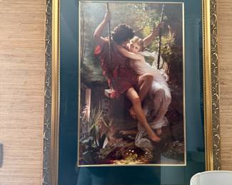 Classical style print of two children on swing, gilt frame