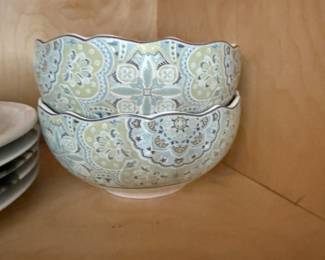 Blue and green paisley scalloped ceramic bowls, set of two