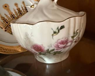 Porcelain basket bowl with hand-painted roses and hummingbird
