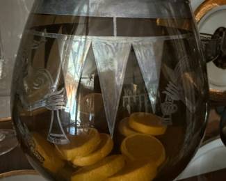 Etched glass bowl with harlequin and cocktail motif design
