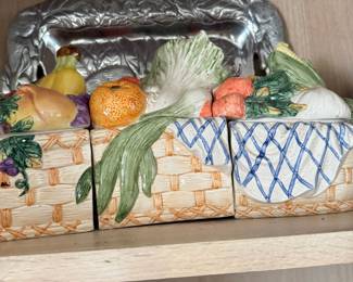 Ceramic majolica-style fruit and vegetable basket trinket boxes, set of three