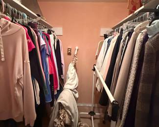 Walk-in closet with women's clothing and hanging rack
