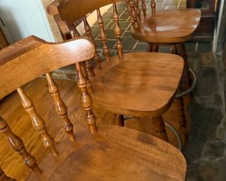 Wooden spindle back saddle seat bar stools, set of four