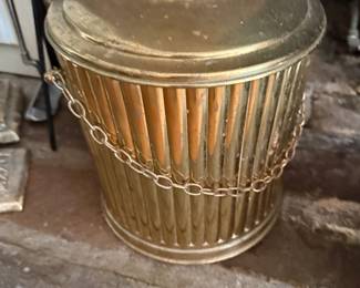 Brass ribbed coal bin with lidded top and chain handle