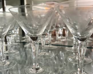 Etched crystal cocktail glasses on stemmed base, set of several
