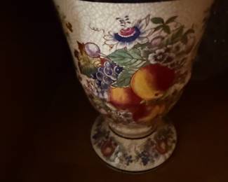 Crackle glaze pedestal vase with painted fruit and floral design