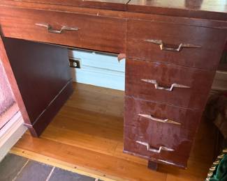 Necchi wood sewing machine cabinet with flip-top and drawers