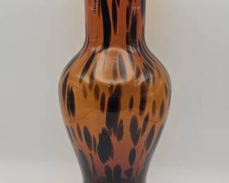 373h Vintage handblown amber and black spatter art