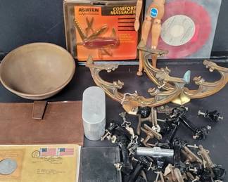 404 Glass drawer knobs, copper bowl, pocket knife,