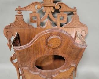 562 Antique Victorian walnut and fabric wall pocket