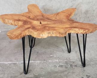 144 Burl wood side table with metal legs