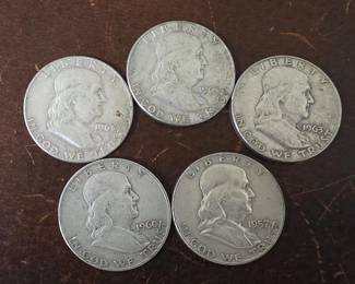 59 5 Franklin silver half dollar coins 1957D,