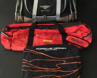 395h Ferrari and Bentley duffel bags, Porsche tote bag