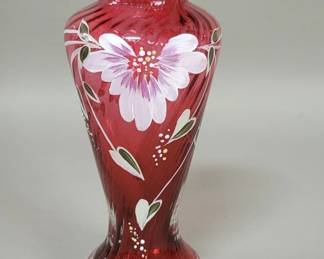 416 Signed Fenton hand painted cranberry glass vase