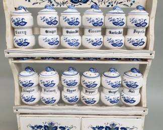 398 Vintage wood spice rack with ceramic spice shakers