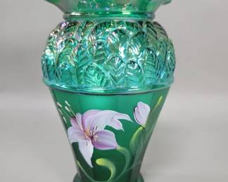414 Signed Fenton hand painted emerald green glass
