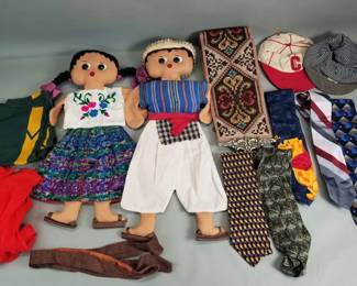 434 Box of misc. ties, vintage hats, dolls, etc