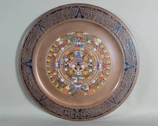 528 Vintage brass and enamel Aztec calendar wall