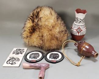 600 Vintage shearling hat, Native American vase,