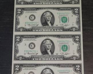 408h 1976 uncut $2 star notes sequential serial number