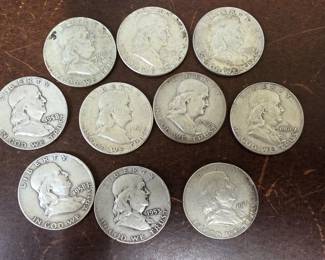 620 10 Franklin silver half dollar coins 1951, 1952D
