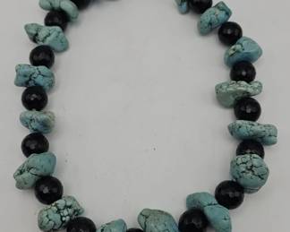 355h Chunky turquoise and faceted black onyx bead