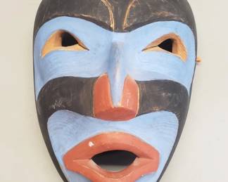 438 Vintage hand painted carved wood wall mask