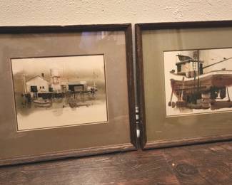 372h Vintage hand painted watercolors of docks