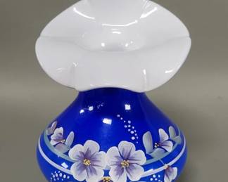 421 Signed Fenton hand painted blue glass vase