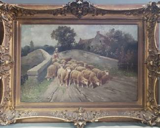 112 Signed oil on canvas pastoral genre painting