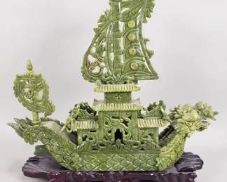 597 Carved green stone dragon boat sculpture