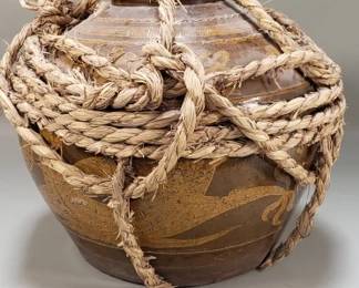 185 Vintage Asian brown glazed Earthenware vessel in