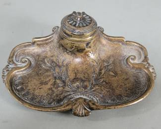 584 Antique Italian brass inkwell with porcelain