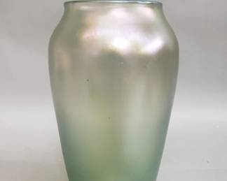 305 Vintage iridescent green art glass vase