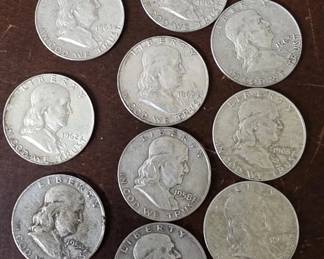11 10 Franklin silver half dollar coins 1954D,