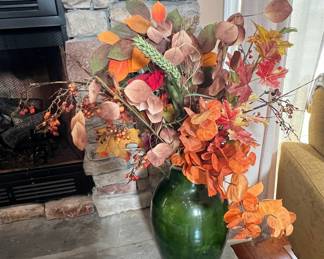 Green Glass Vase with Artificial Fall Arrangement
