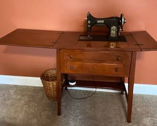 Mid-Century Domestic Rotary Sewing Machine in Cabinet