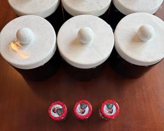 Six Black and White Ceramic Canisters with Three Miniature Glass Jars