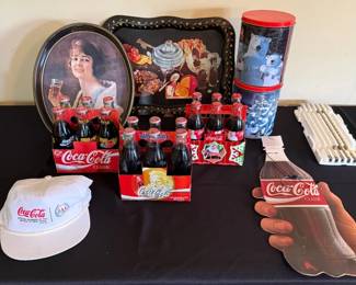 CocaCola Collectibles with Commemorative Bottles, Olympic Cap, Tins  Trays