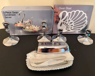 Wm. A. Rogers Swan Packages, Irvinware Candlesticks  Covered Serving Dish
