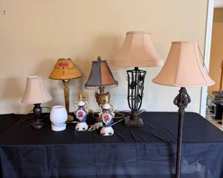 Eight Decorative Table  Floor Lamps  Floral Porcelain Pair, Fabric Shades
