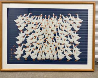 Vintage Chinese Hu County Shaanxi Folk Art Duck Painting  Framed  Signed