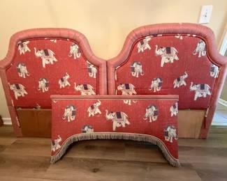 Pair of ElephantPrint Upholstered Headboards with Matching Window Cornice