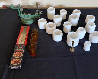 Vintage Kitchen  Household Lot  Apple Peeler, Taylor Fry Thermometer  White Opaque Jars