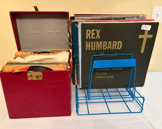 Record Collection with LPs, 78 RPM Records, Red Case  Wire Rack