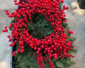 Red Berry Wreath with Evergreen, Poinsettia  Holiday Floral Decor